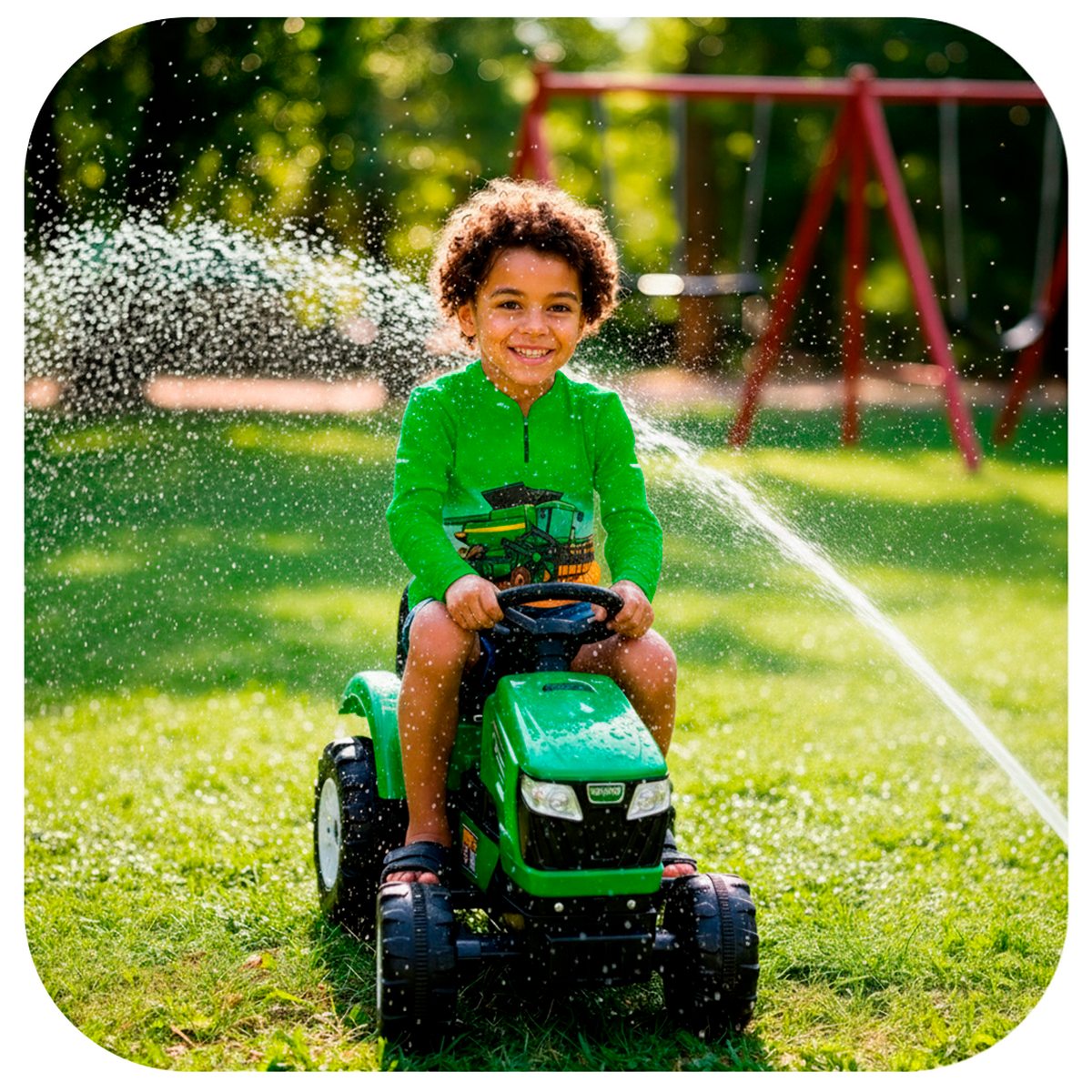 Um menino andando em caminhão de brinquedo próximo ao irrigador