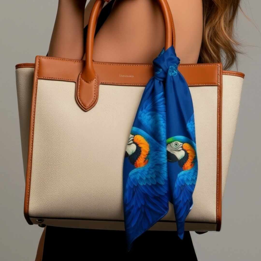 Lenço amarrado em uma bolsa tote bege e marrom BRK.